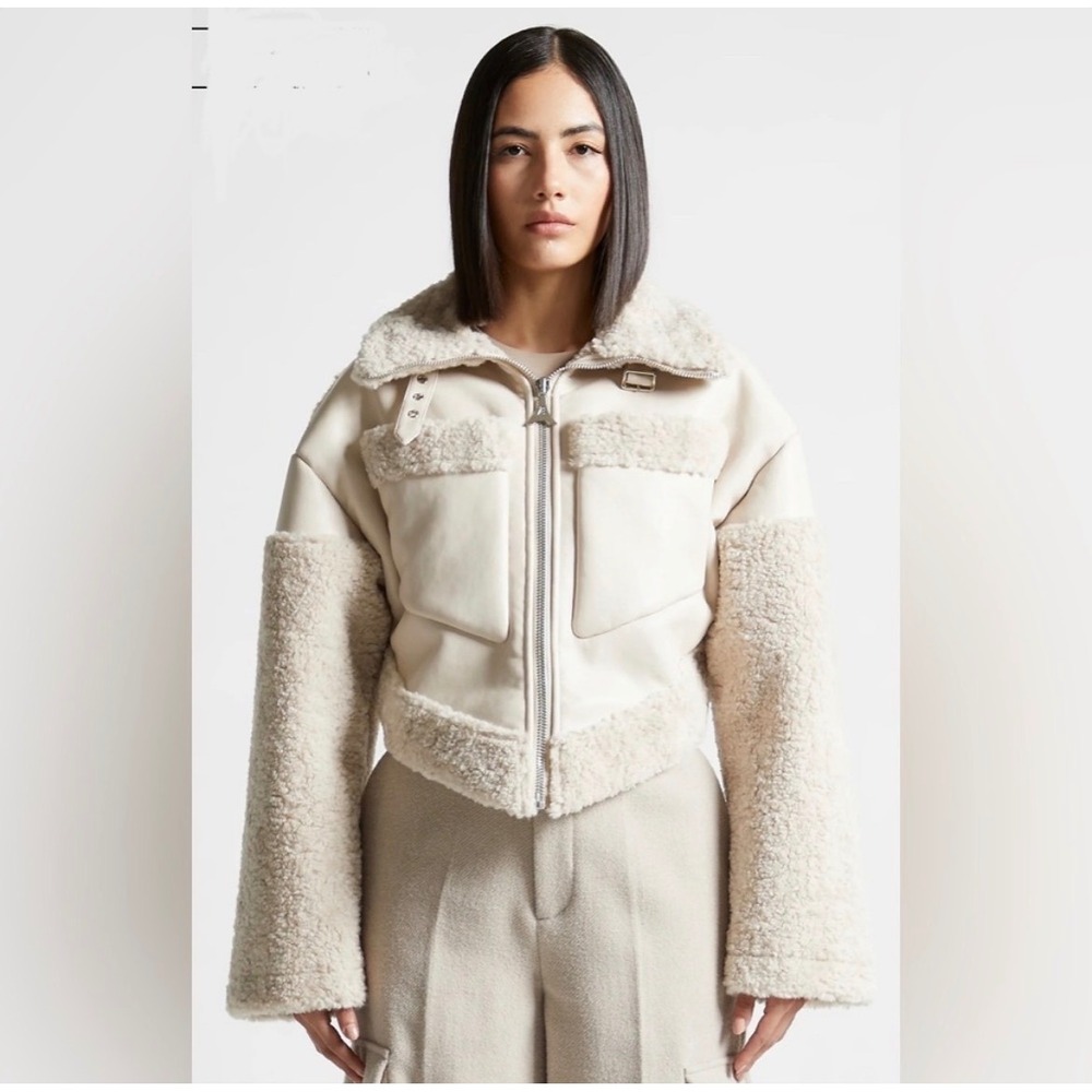 NWT Maniere De Voir Borg Biker Jacket Vegan Leather 6 angular hem beige casual
